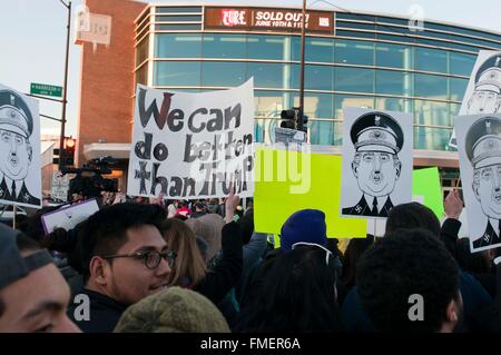 Chicago, USA. 11th Mar, 2016. Protestors hold anti-Donald Trump placards outside University of Illinois (UIC) at Chicago Pavilion, in Chicago, the United States, on March 11, 2016. Credit:  He Xianfeng/Xinhua/Alamy Live News Stock Photo