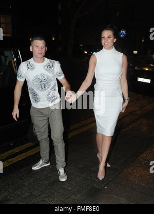 Danielle Lloyd and her new boyfriend Michael O'Neil are seen leaving Tamarin restaurant in London together after attending the Dakota Johnon Premiere of How to be single.  Featuring: Danielle Llyord, Michael O'Neil Where: London, United Kingdom When: 10 F Stock Photo