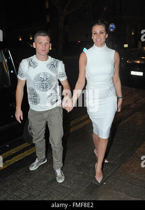 Danielle Lloyd and her new boyfriend Michael O'Neil are seen leaving Tamarin restaurant in London together after attending the Dakota Johnon Premiere of How to be single.  Featuring: Danielle Llyord, Michael O'Neil Where: London, United Kingdom When: 10 F Stock Photo