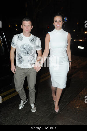 Danielle Lloyd and her new boyfriend Michael O'Neil are seen leaving Tamarin restaurant in London together after attending the Dakota Johnon Premiere of How to be single.  Featuring: Danielle Llyord, Michael O'Neil Where: London, United Kingdom When: 10 F Stock Photo