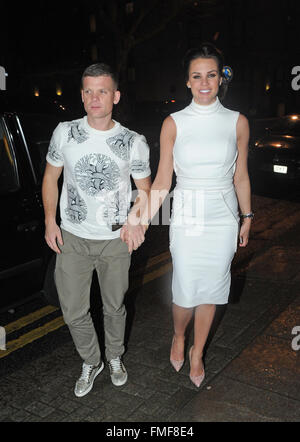 Danielle Lloyd and her new boyfriend Michael O'Neil are seen leaving Tamarin restaurant in London together after attending the Dakota Johnon Premiere of How to be single.  Featuring: Danielle Llyord, Michael O'Neil Where: London, United Kingdom When: 10 F Stock Photo