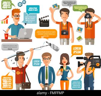 photographer and reporter, television, journalism flat icons set. vector illustration Stock Vector