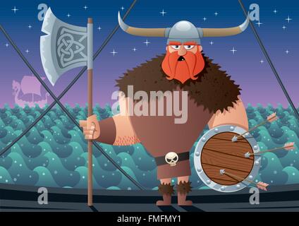 Cartoon Viking on board of Viking ship. No transparency used. Basic (linear) gradients. Stock Vector