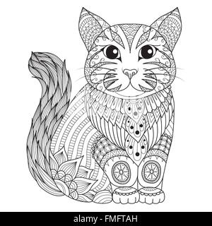 Drawing zentangle cat for coloring page, shirt design effect, logo, tattoo and decoration. Stock Vector