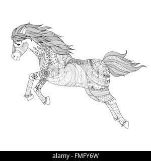 Drawing jumping horse zentangle style for coloring book for adult,tattoo,logo,t shirt design, application and other decorations Stock Vector
