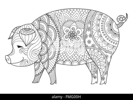 Drawing zentangle pig for coloring book for adult or other decorations Stock Vector