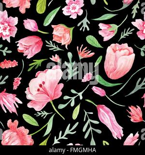 Contrast bright summer texture with  meadow flowers and wild herbs on black background for wallpaper, textile design Stock Photo