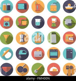 Kitchen and cooking icons in circles, flat design, long shadow Stock Vector