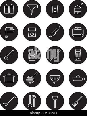Kitchen and cooking line icons in black circles Stock Vector