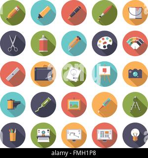 Collection of 25 flat design art and design related vector icons in circles Stock Vector