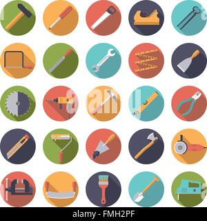 Set of 25 tools and crafting icons in circles, flat design Stock Vector