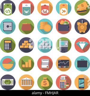 Money and finance related icons in circles, flat design, long shadow Stock Vector