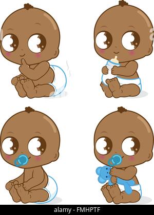 African American baby boy. Cute baby boy drinking milk and playing. Vector Illustration Stock Vector