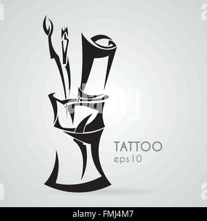 Tuba with brushes and paper roll in the style of tribal tattoos. Stock Vector