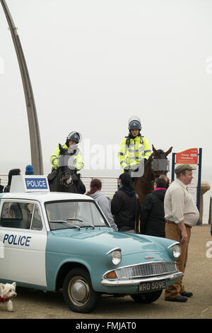 Blackpool,UK, 12th March 2016. Entertainment news. Actor David Lonsdale who plays the 'village fool' David Stockwell in the long running police series 'Heartbeat' promotes the new theatre tour based on the progamme at Blackpool's comedy carpet today. Posing for photograph's with the original police car from the show David speaks to members of the public to highlight this new theatre tour which starts at Blackpool's Grand Theatre on Wednesday the 16th of March. 2016. The nationwide tour finishes at Wolverhampton in July of this year Credit: Gary Telford/Alamy live news Stock Photo