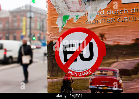 No to EU sign sticker on an advert with the Vienna street in the background in Austria. Stock Photo