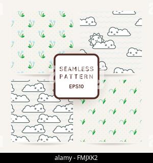 Set of four seamless patterns of wildflowers, rain and clouds. Stock Vector