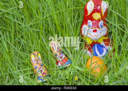 Wrapped Chocolate Bunny Family with Easter Egg Hidden in the Big Green Grass Closeup Stock Photo