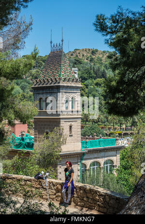 Building next to Park Guell located on Carmel Hill in La Salut neighborhood in the Gracia district of Barcelona, Spain Stock Photo
