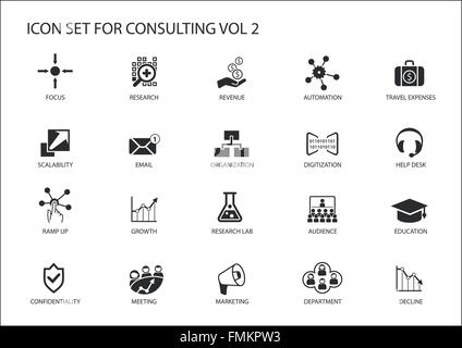 Vector icon set for topic consulting. Various symbols for strategy consulting, IT consulting, business consulting and management Stock Vector