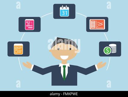 People at work: vector illustration of project manager who manages project plan, budget, tasks Stock Vector