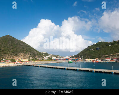 Capitol City of Philipsburg St Martin bay with Moored boats and Mountains in the Carribean Stock Photo
