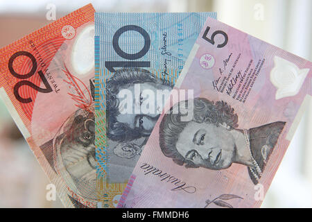 Hamburg, Germany. 19th Feb, 2016. ILLUSTRATION - Bank notes of the Australian Dollar lying on a table in Hamburg, Germany, 19 February 2016. Photo: Bodo Marks/dpa/Alamy Live News Stock Photo