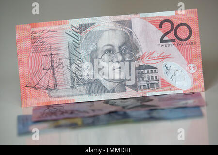 Hamburg, Germany. 19th Feb, 2016. ILLUSTRATION - Bank notes of the Australian Dollar lying on a table in Hamburg, Germany, 19 February 2016. Photo: Bodo Marks/dpa/Alamy Live News Stock Photo