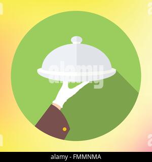 Hand holding silver platter cloche Stock Vector