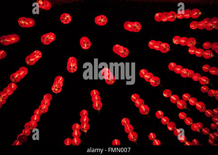 Red lanterns hanging in rows during chinese lunar new year at Thean Hou Temple, Kuala Lumpur, Malaysia Stock Photo