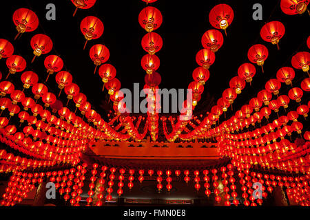 Red lanterns hanging in rows during chinese lunar new year at Thean Hou Temple, Kuala Lumpur, Malaysia Stock Photo