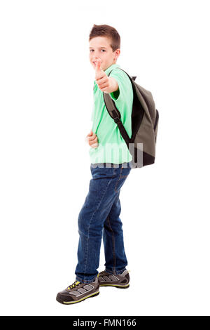 Full length portrait of a school boy with backpack holding a notebook ...