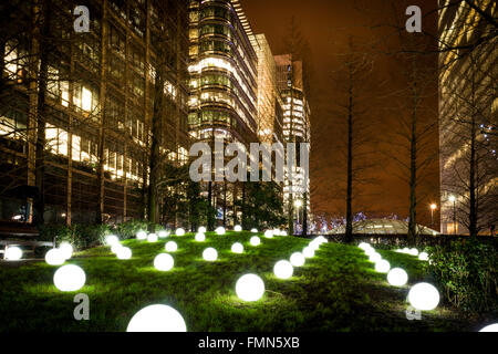 London, United Kingdom - January 11, 2016: Winter Lights Festival at Canary Wharf, Docklands. 'Globoscope' installation Stock Photo