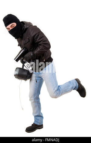 Thief with goods, isolated on white Stock Photo