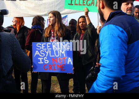 Bedfordshire, UK. 12th March, 2016. Thousands of demonstrators gathered at Yarl's Wood Detention Center to demand closure of all immigration detention centers in the UK.. Credit:  Penelope Barritt/Alamy Live News Stock Photo