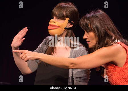 Nina Conti (right).  Photocall with comedian and ventriloquist Nina Conti for her show 'In Your Face' at the Criterion Theatre. Performances from 25 February to 12 March 2016. Stock Photo