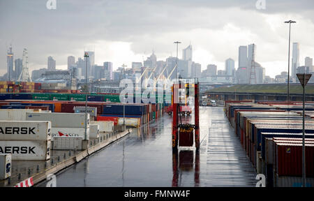 Straddle container carrier on a rainy day in Port of Melbourne, Australia. Stock Photo