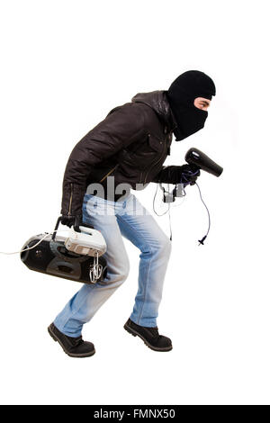 Thief with goods, isolated on white Stock Photo