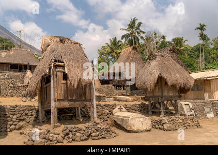 Village square with grave, shrines and traditional thatched wooden houses, Ngada village Bena, Bajawa, Flores Island, Indonesia Stock Photo