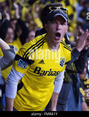 Columbus, Ohio, USA. 12th March, 2016. A Columbus Crew fan cheers his team on in the game against Philadelphia at Mapfre Stadium. Columbus, Ohio, USA Credit:  Brent Clark/Alamy Live News Stock Photo