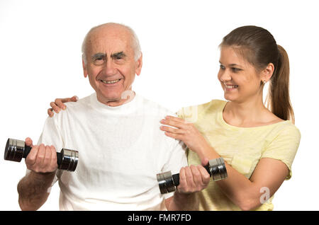 old senior man and young woman happy and  doing sport Stock Photo