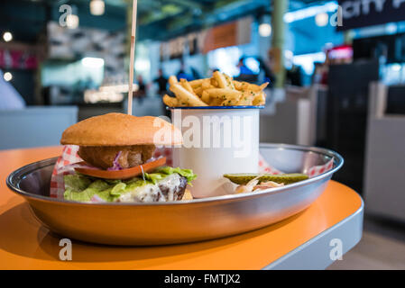 Gluten Free hamburger with chips from a burger shop in Belfast. Stock Photo