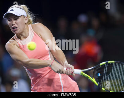 Indian Wells, California, USA. 12th Mar, 2016. Caroline Wozniacki of Denmark returns the ball during the second round of women's singles match against Zhang Shuai of China on the BNP Paribas Open tennis at the Indian Wells Tennis Garden in Indian Wells, California, the United States on March 12, 2016. Wozniacki lost 1-2. © Yang Lei/Xinhua/Alamy Live News Stock Photo