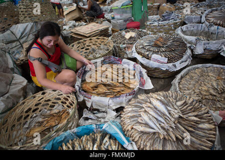 Dried fish is a particular delicacy in the Philippines. The image shows a vendors stall in Taboan Market,Cebu City. Stock Photo