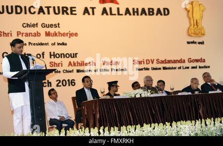 Allahabad, Uttar Pradesh, India. 13th Mar, 2016. Allahabad: Uttar Pradesh Chief minister Akhilesh Yadav addressing during a programme on the occasion of 150th anniversary celebration of Allahabad Highcourt, in Allahabad on 13-03-2016. photo by prabhat kumar verma © Prabhat Kumar Verma/ZUMA Wire/Alamy Live News Stock Photo