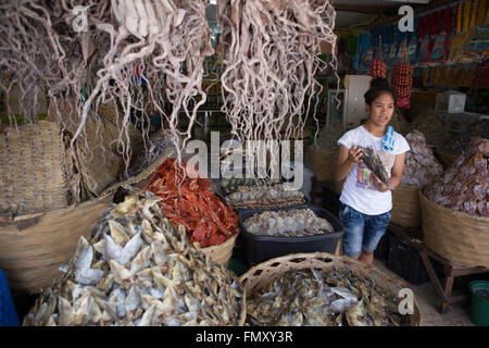 Dried fish is a particular delicacy in the Philippines. The image shows a vendors stall in Taboan Market,Cebu City. Stock Photo