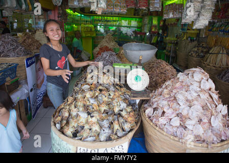 Dried fish is a particular delicacy in the Philippines. The image shows a vendors stall in Taboan Market,Cebu City. Stock Photo