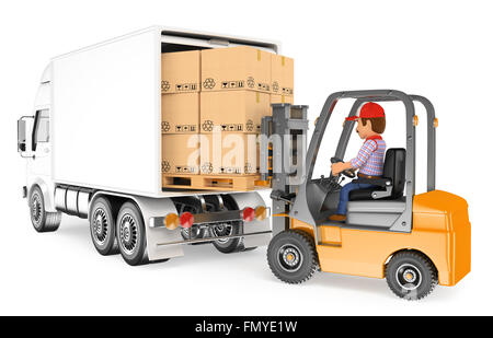 3d working people. Worker driving a forklift loading a truck. Isolated white background. Stock Photo