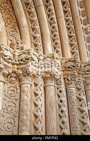 BUDAPEST, HUNGARY - SEPTEMBER 22, 2012 : Detail of from west portal on gothic Church of Jak near Vajdahunyad castle. Stock Photo