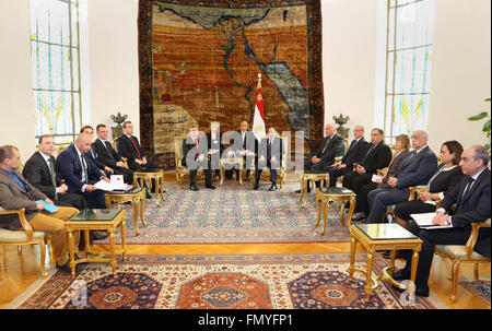 Cairo, Egypt. 13th Mar, 2016. Egypt's President Abdel Fattah al-Sisi meets with Macedonian President Gjorge Ivanov, in Cairo on March 13, 2016 Credit:  Egyptian President Office/APA Images/ZUMA Wire/Alamy Live News Stock Photo